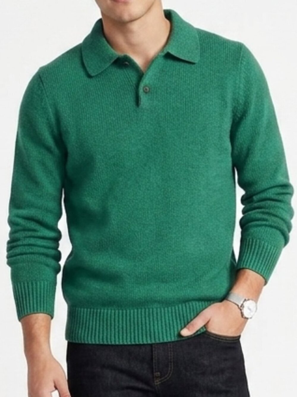 Vintage 80s LANDS END 100% Wool Button Collar Pullover Sweater Green Medium